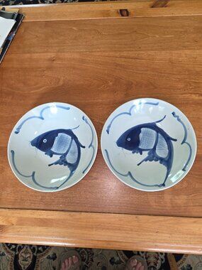 Set of 2 Vintage Blue White Koi Fish Bowls 9” Decorative Asian Porcelain